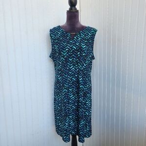 Tacera Teal Green Black Keyhole Geo Sleeveless Stretch Shift Dress Gold Detail L